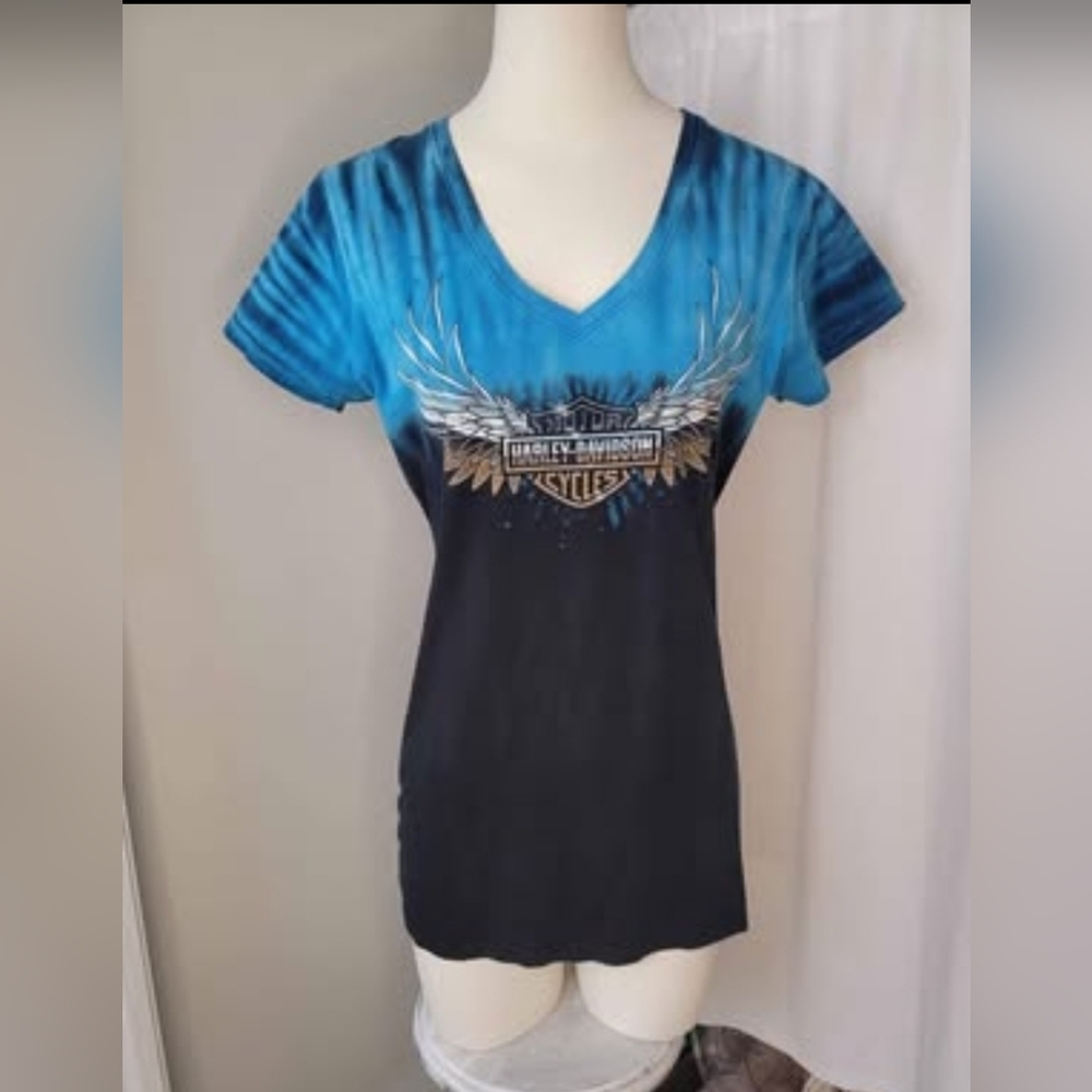 Harley-Davidson Women's Blue and Black Winged Tee